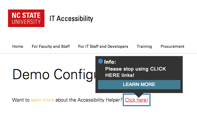 Text with poor color contrast, but not highlighted by the Accessibility Helper plugin, and an ambiguous "click here" link highlighted with an alternative annotation.