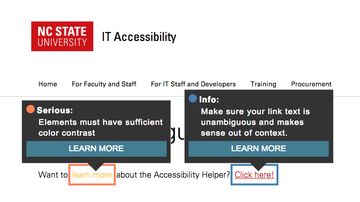 Text with poor color contrast and an ambiguous "click here" link. Both are highlighted with the default annotations.