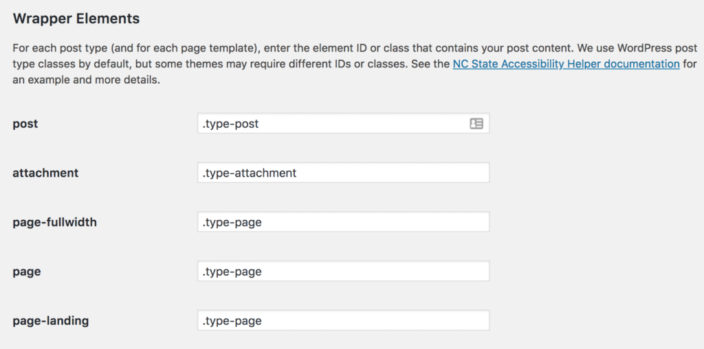 Settings fields for entering the wrapper element CSS ID or class.