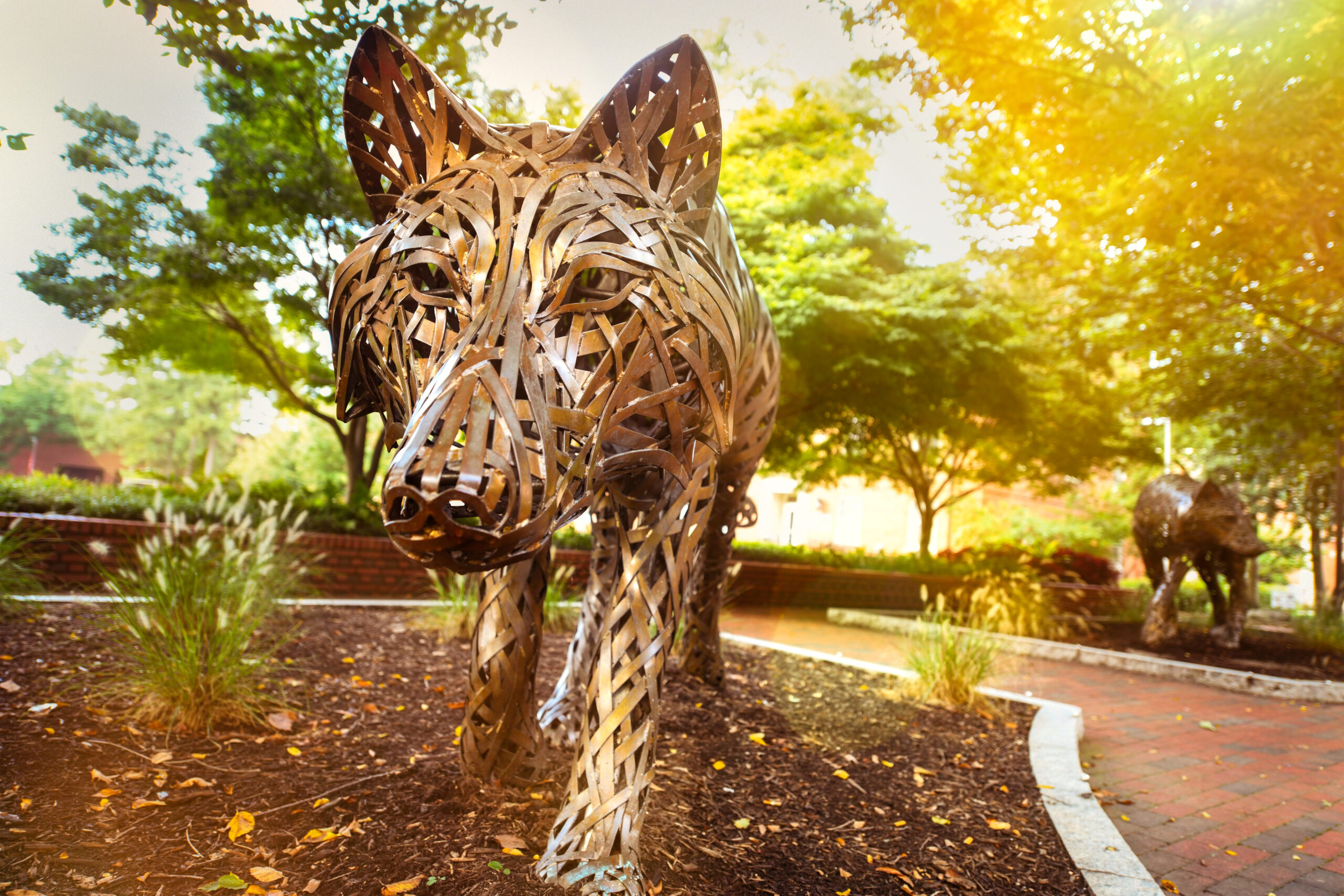 A closeup of a wolf statue in Wolf Plaza
