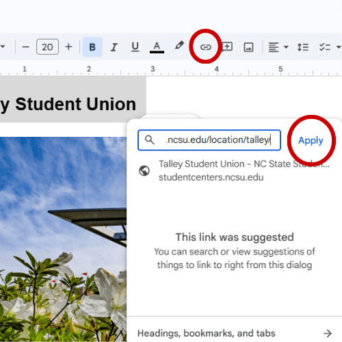 Link function in a Google Doc
