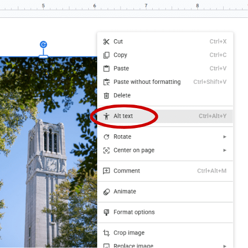 Alt text function highlighted in Google Slides