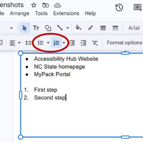 Bulleted list and numbered list functions in Google Slides