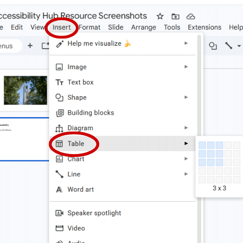 Steps to add table in Google Slides
