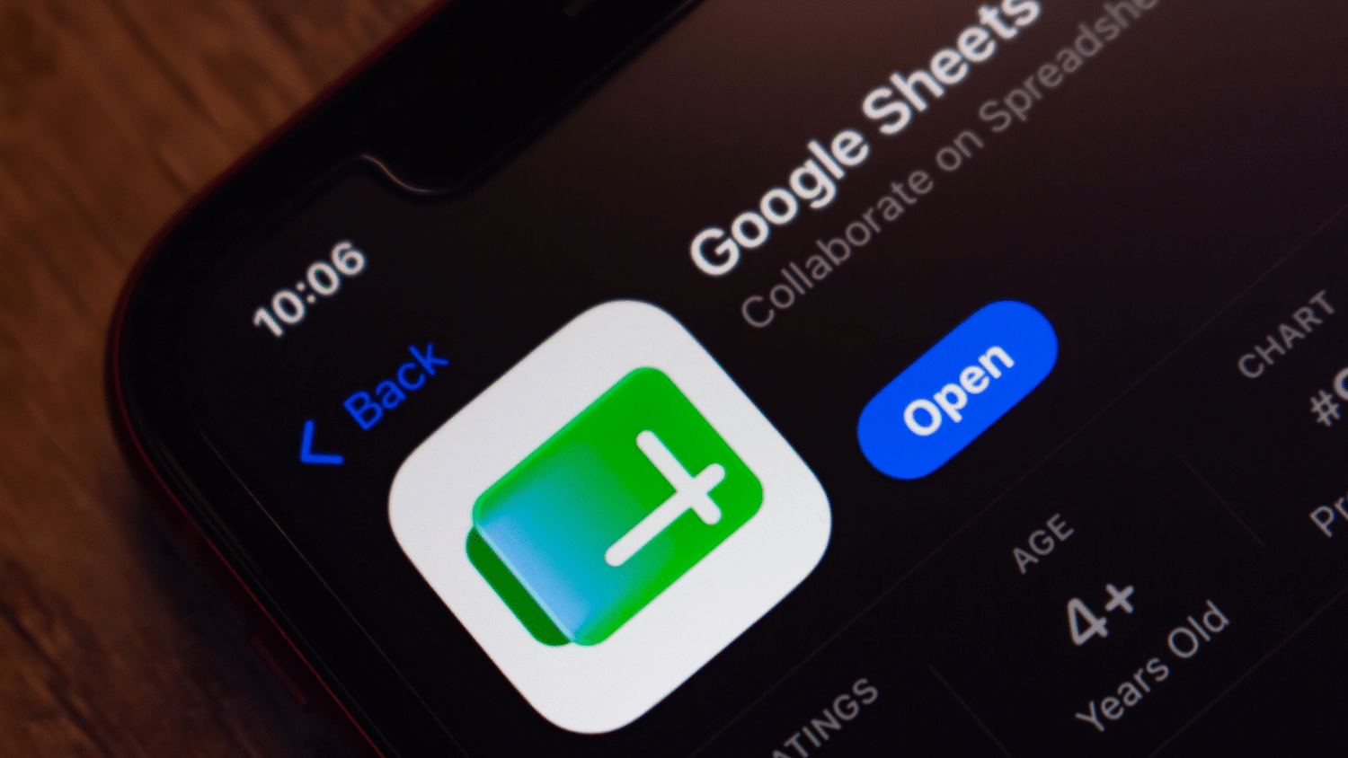 Google Sheets app listing in the Apple App Store.