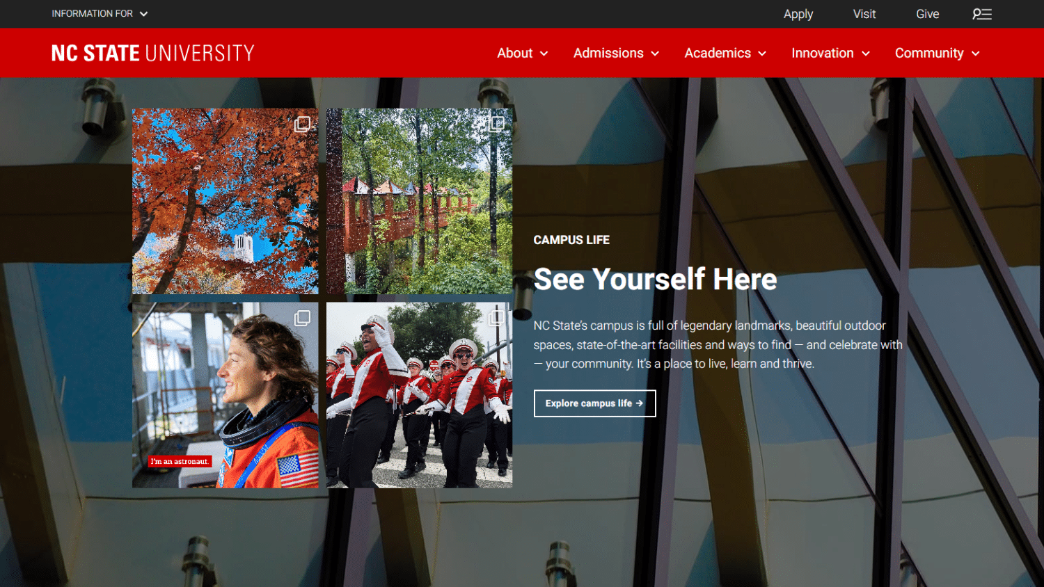 Screenshot of the NC State homepage showing the menu, photos and a heading that says "Campus Life. See Yourself Here."